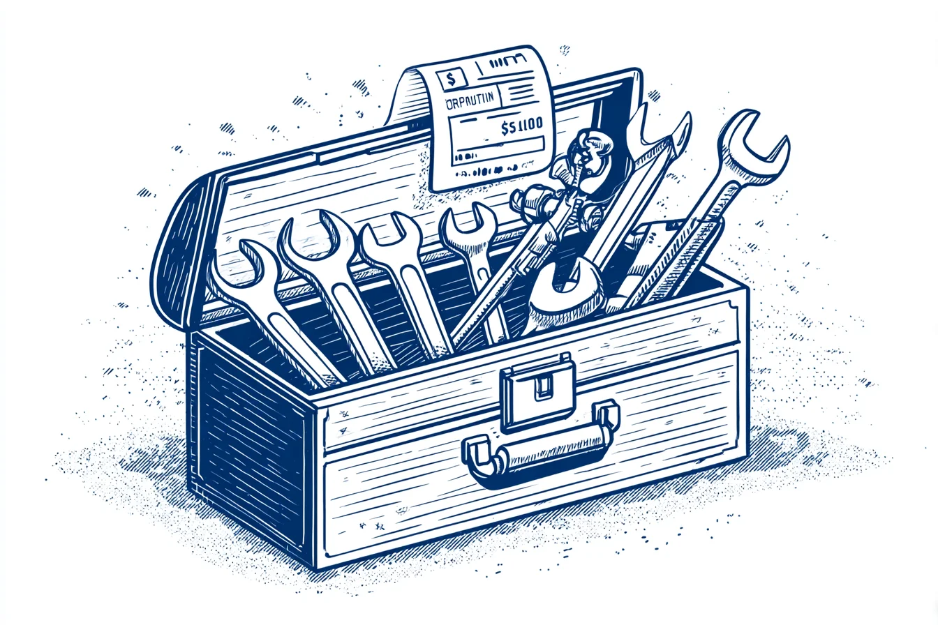 Mechanic toolbox with wrenches and repair cost receipt