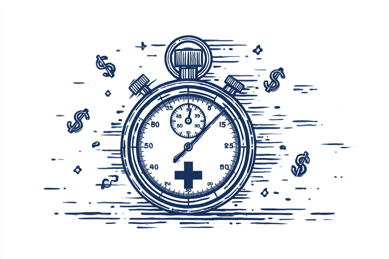 Stopwatch with first aid symbol representing urgent financial assistance