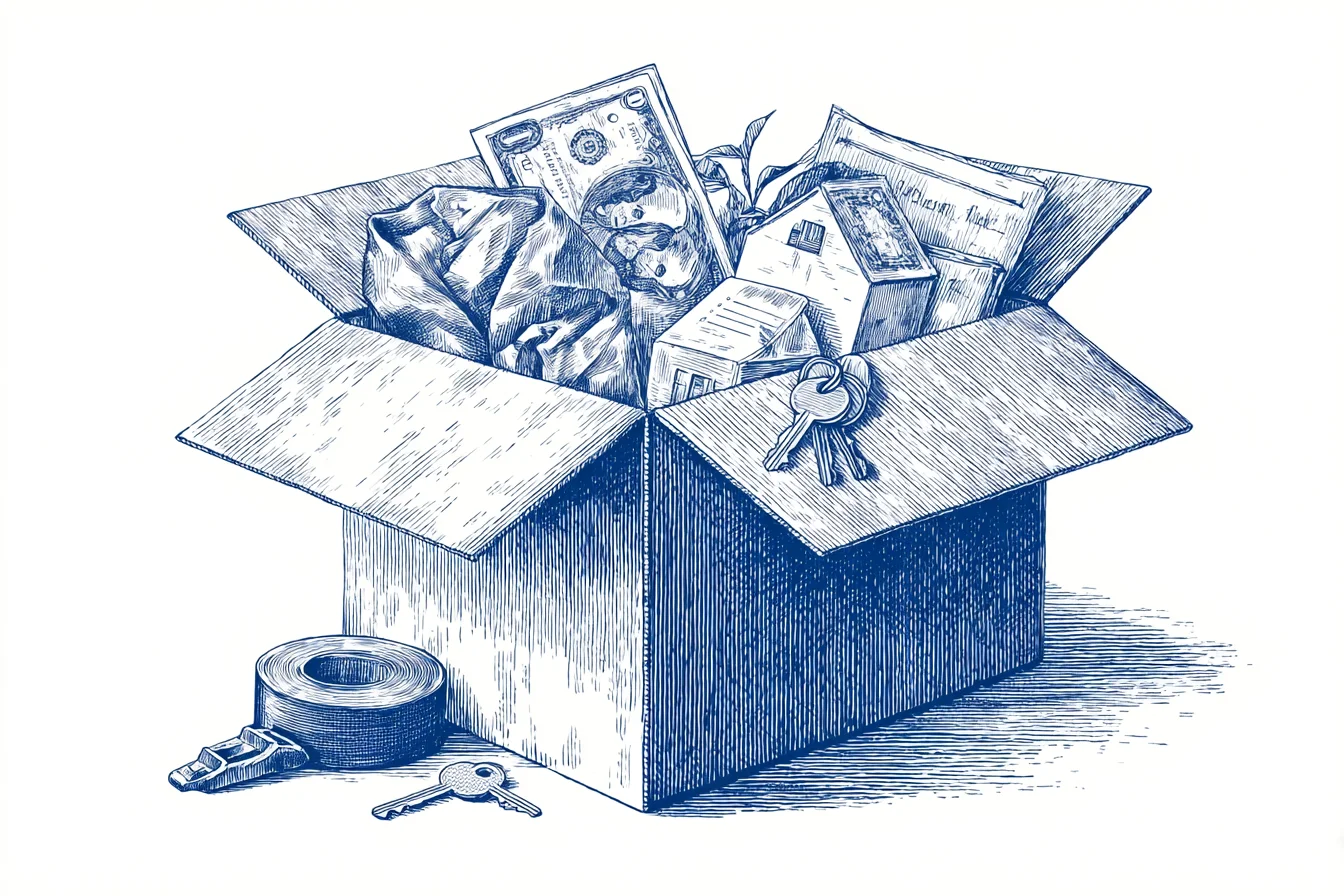 Open cardboard box with keys and checklist for moving preparation